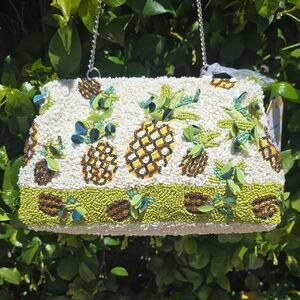 Beaded Pineapple Accent Crossbody Bag in White and Green